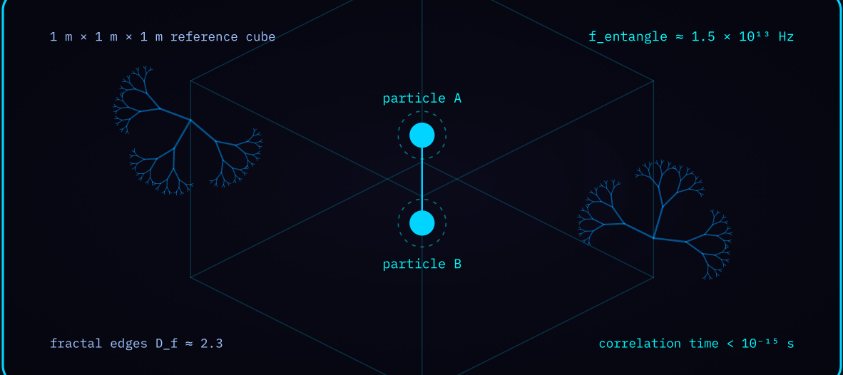 Diagram 1 — Entangled field network: two particles joined by a 2D field sheet within a reference cube.