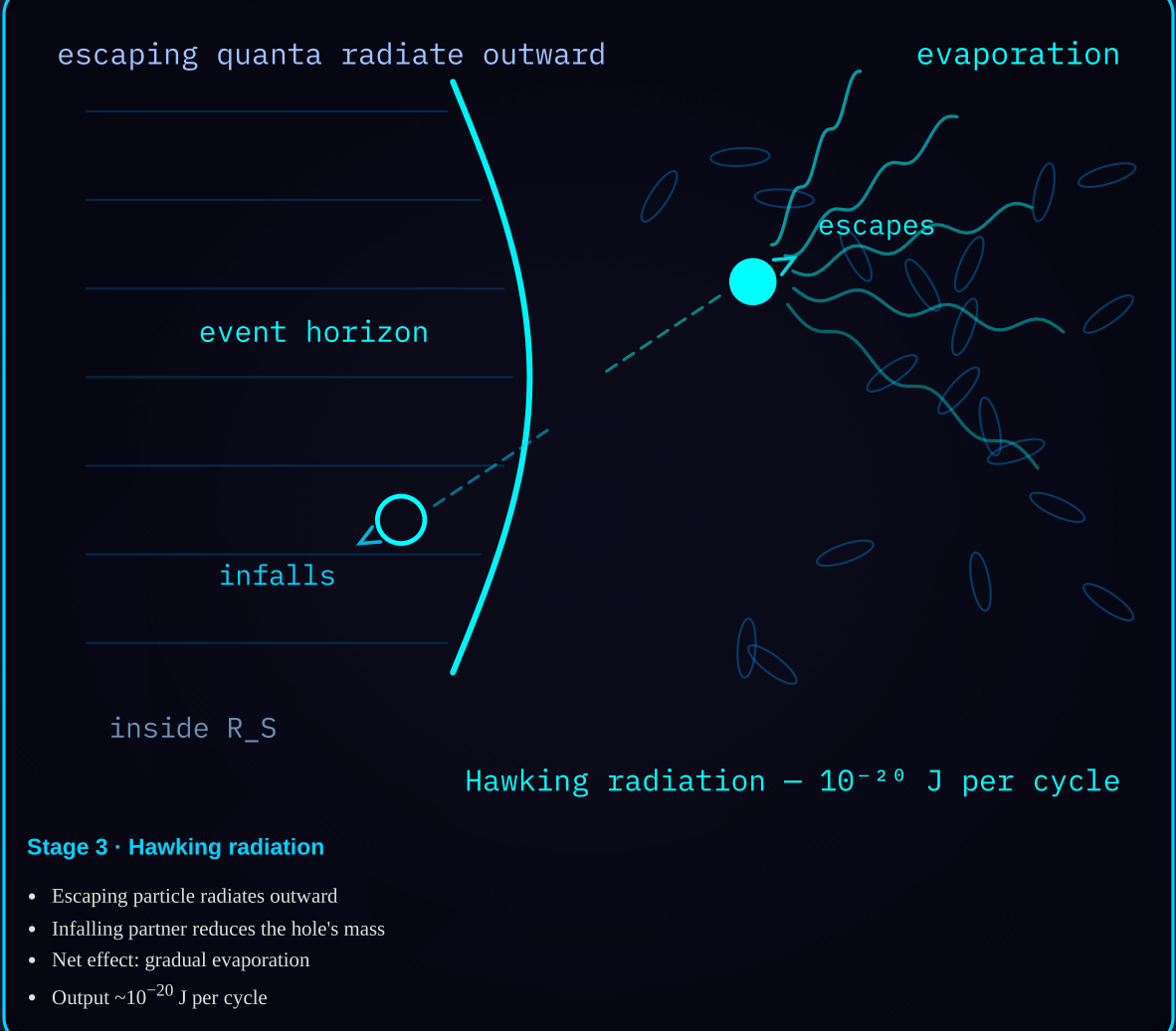 Diagram 2c — Hawking radiation: escaping quanta leaving the horizon while their partners fall inward, driving mass loss.