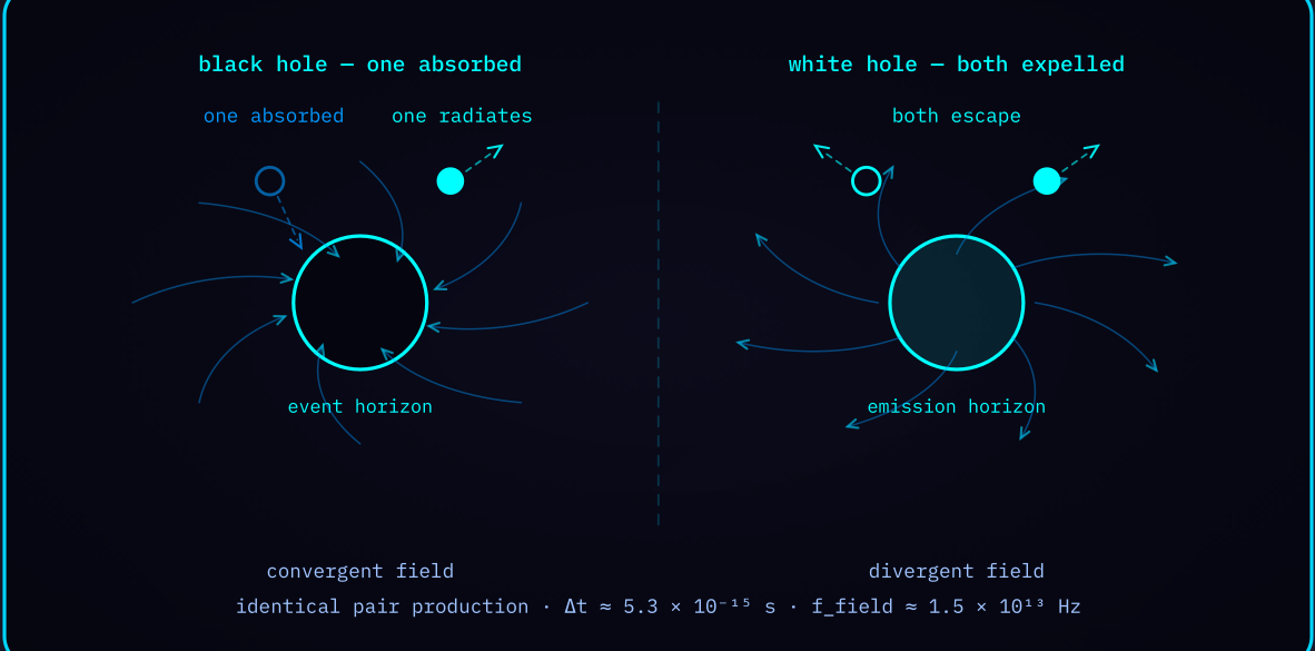 Diagram 2 — Pair fate: black hole absorbs one partner and radiates the other; white hole expels both.