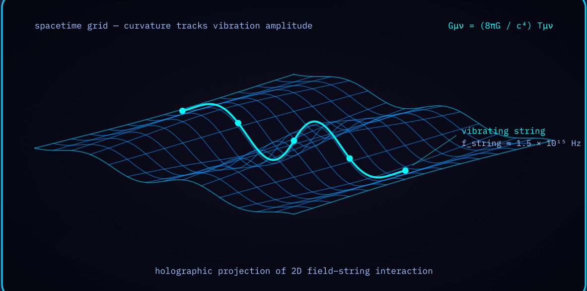 Diagram 5 — String-induced curvature: a vibrating string embedded in the spacetime grid, curvature tracking vibration amplitude.