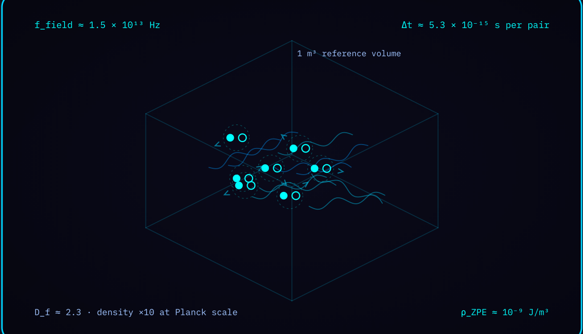 Diagram 1 — Zero point energy fluctuations: a reference volume with 2D field sheets and virtual pairs.