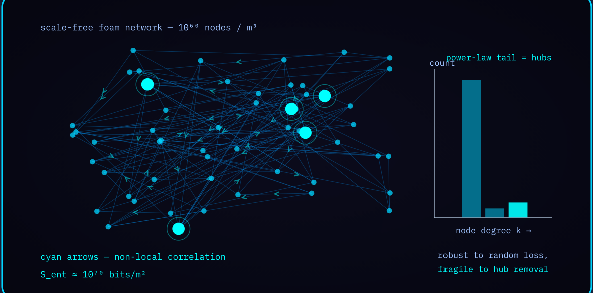 Diagram 3 — Entanglement network dynamics: a scale-free lattice with hub nodes and a power-law degree histogram.