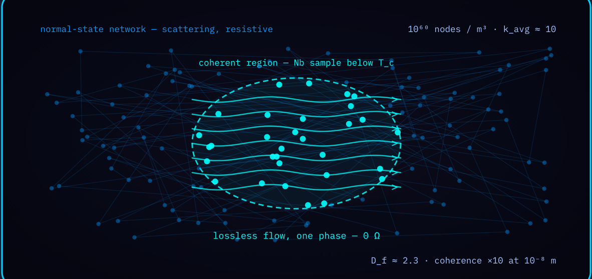 Diagram 4 — Superconducting network flow: a coherent lossless region within the resistive normal-state foam lattice.