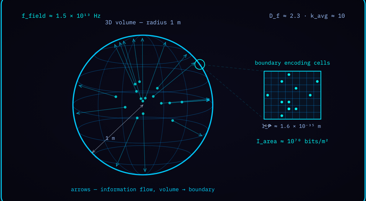 Diagram 1 — Holographic boundary encoding: interior contents resolving onto a 2D surface with Planck-scale cells.