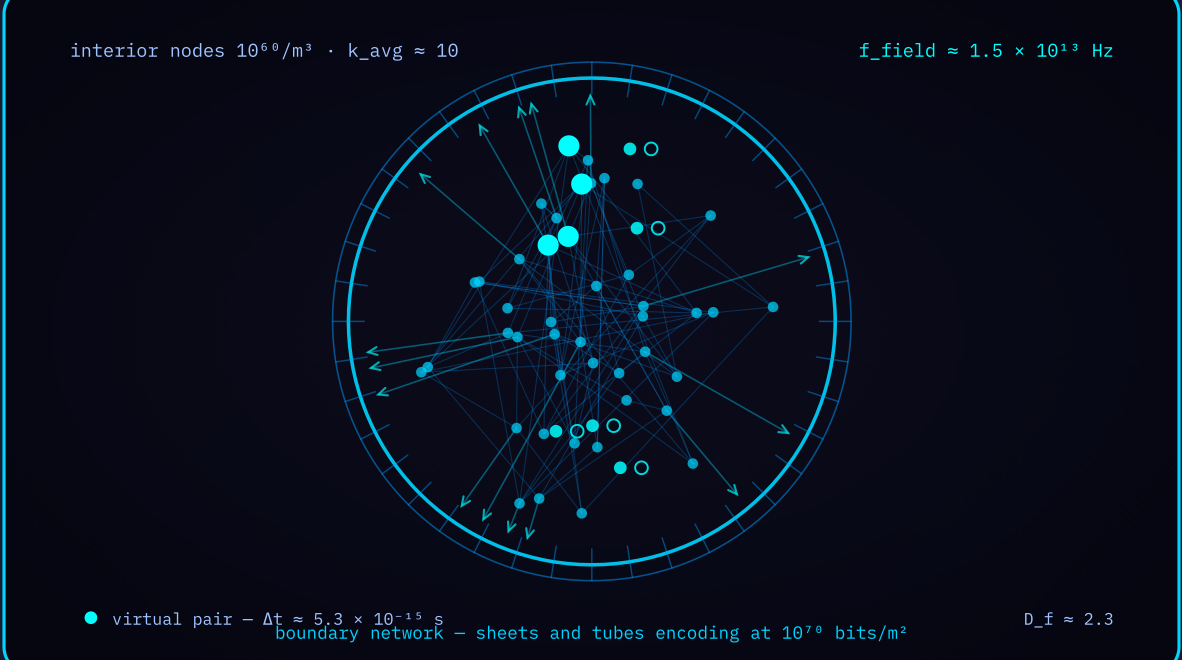 Diagram 2 — Holographic network dynamics: interior nodes channelling information outward to a boundary network.