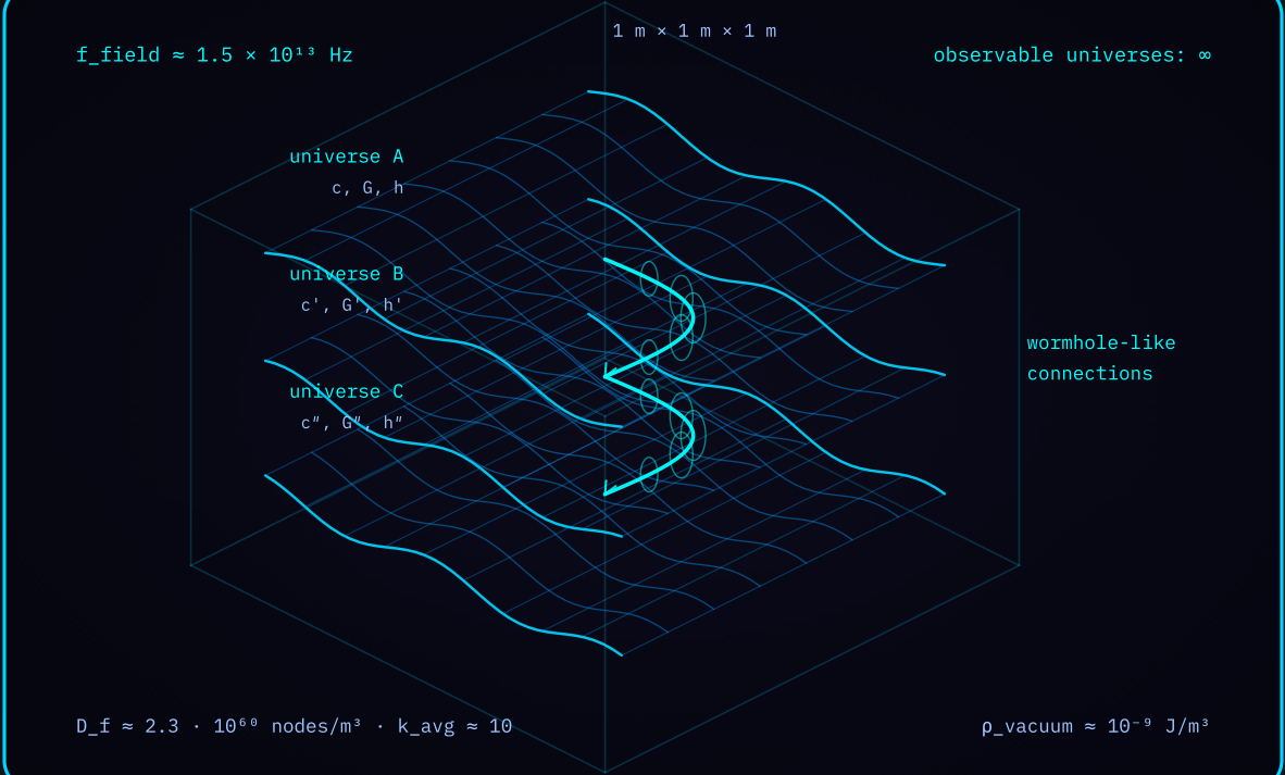 Diagram 1 — Multiverse foam connectivity: stacked 2D field sheets, each a universe, joined by wormhole-like tubes.
