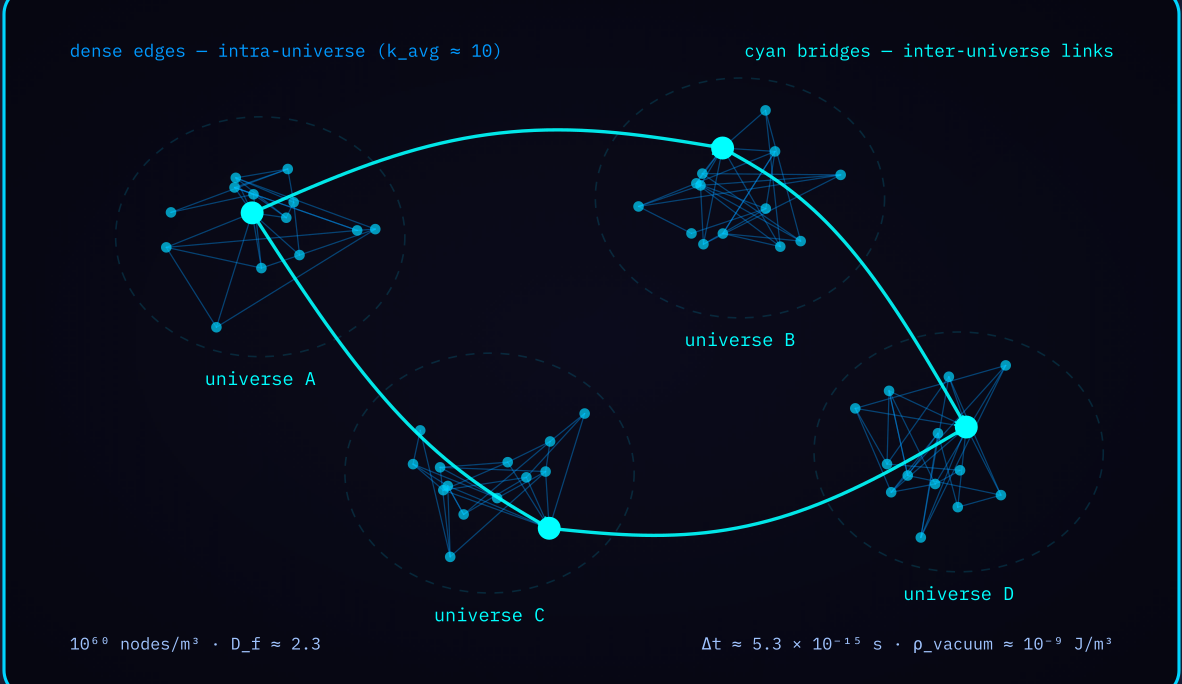 Diagram 2 — Multiverse network dynamics: dense intra-universe edges with sparse cyan inter-universe bridges.