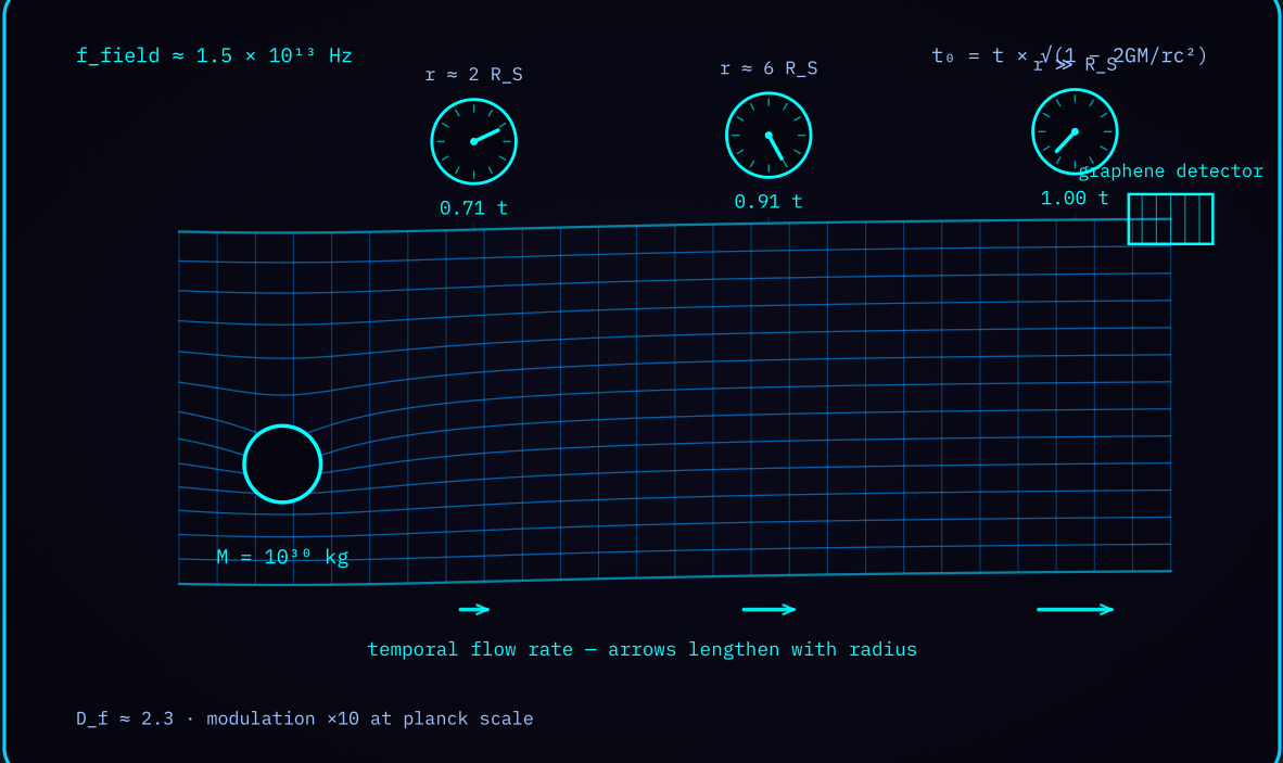 Diagram 1 — Time dilation field effects: clock faces at three radii near a massive object showing diverging accumulated time.