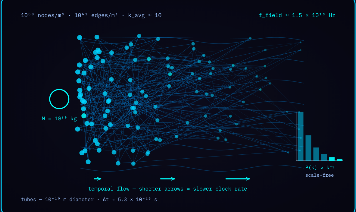 Diagram 2 — Time dilation network dynamics: node density rising toward the mass with temporal-flow arrows shortening.