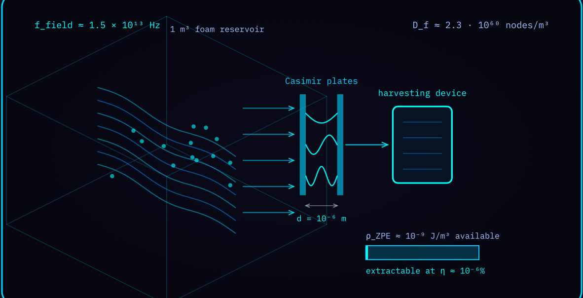 Diagram 1 — Quantum foam energy flow: a foam reservoir channelled through Casimir plates into a harvesting device.