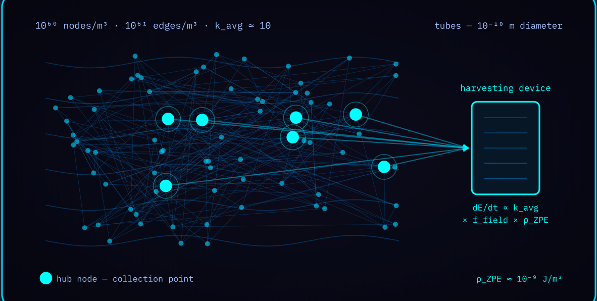 Diagram 3 — Foam energy network and collection: sheets and tubes feeding ZPE along edges toward the harvesting device.