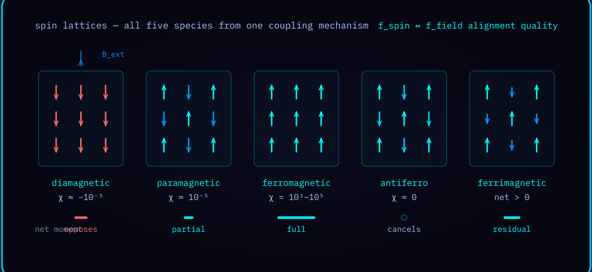Diagram 2 — Five magnetic species as spin configurations, with net moment and susceptibility beneath each.