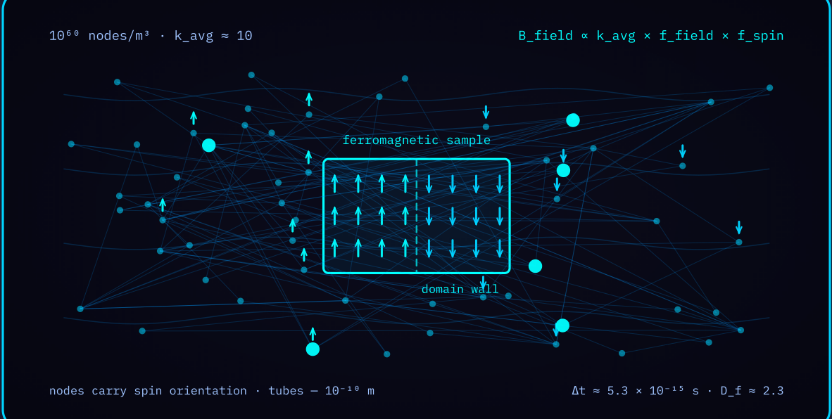 Diagram 3 — Magnetic network dynamics: nodes carrying spin orientation with a visible domain wall where alignment flips.
