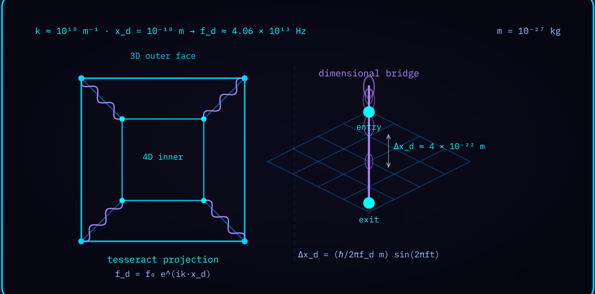 Diagram 5 — Tesseract projection and dimensional bridge: a 4D hypercube projected into the plane with a bridge arc.