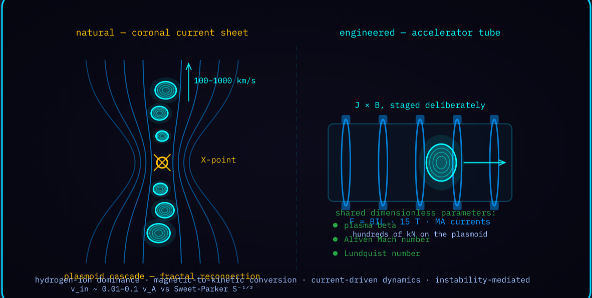Figure 5-1 — Natural and engineered plasmoid acceleration: coronal current sheet cascade versus the engineered staged J x B tube.